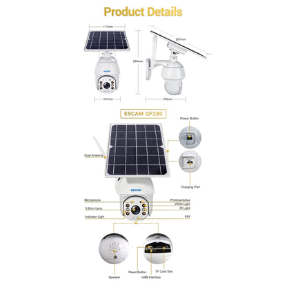 ESCAM QF280 HD 1080P IP66 Waterproof WiFi Solar Panel PT IP Camera without Battery, Support Night Vision / Motion Detection / TF Card / Two Way Audio (White) - free shipping - PMC Jewellery - Order now!