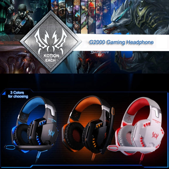 KOTION EACH G2000 Over-ear Game Gaming Headphone Headset Earphone Headband with Mic Stereo Bass LED Light for PC Gamer,Cable Length: About 2.2m(Blue + Black)
