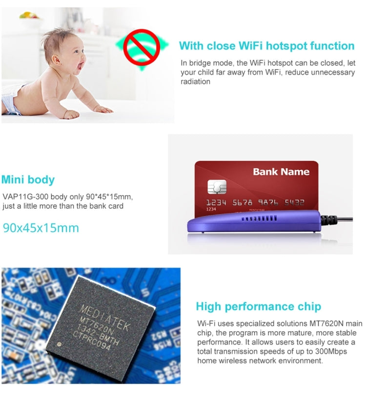 VONETS VAP11G-300 Mini WiFi 300Mbps Bridge WiFi Repeater, Best Partner of IP Device / IP Camera / IP Printer / XBOX / PS3 / IPTV / Skybox(Blue)