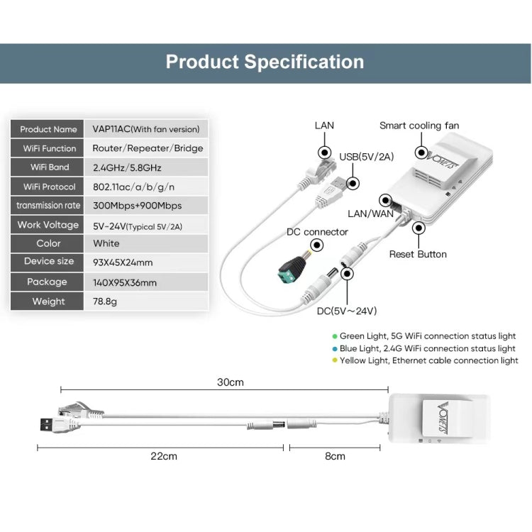VONETS VAP11AC 5G / 2.4G Mini Wireless Bridge with Fan Version 300Mbps + 900Mbps WiFi Repeater, Support Video Surveillance & Control(White) - free shipping - PMC Jewellery - Order now!