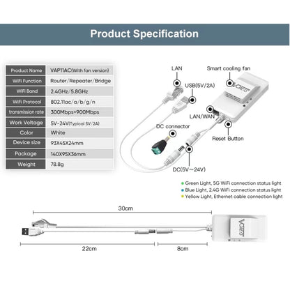 VONETS VAP11AC 5G / 2.4G Mini Wireless Bridge with Fan Version 300Mbps + 900Mbps WiFi Repeater, Support Video Surveillance & Control(White) - free shipping - PMC Jewellery - Order now!