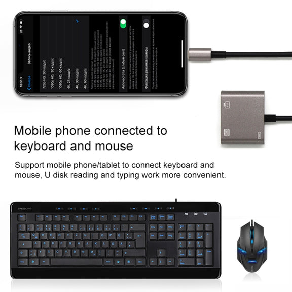 NK-109KEY 3 in 1 8 Pin Male to USB + USB Keyboard Female OTG Adapter