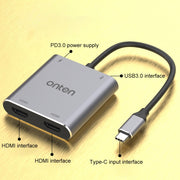 Onten 9175K 4 in 1 USB-C / Type-C to Dual HDMI + USB 3.0 + PD3.0 USB-C / Type-C Charging Port 4K HD Video Converter