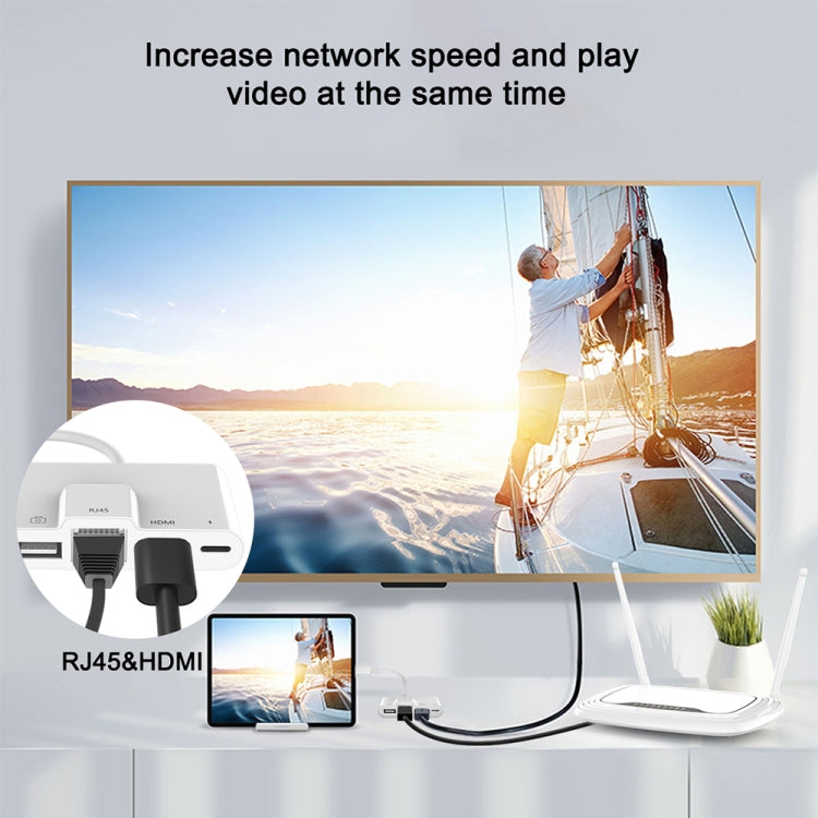 4 in 1 8 Pin Male to 8 Pin Power + RJ45 Ethernet + HDMI + USB Camera Female OTG Digital AV Adapter - Converter & Adapter by PMC TechLife | Online Shopping South Africa | PMC TechLife