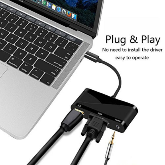USB 2.0 + Audio Port + VGA + HDMI to USB-C / Type-C HUB Adapter (Black)