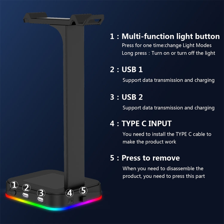 RGBD9 Colorful Glowing Gaming Headset Display Stand with Charging + Data Transmission Dual USB Interface (Black) - Anti-lost & Holder by PMC TechLife | Online Shopping South Africa | PMC TechLife