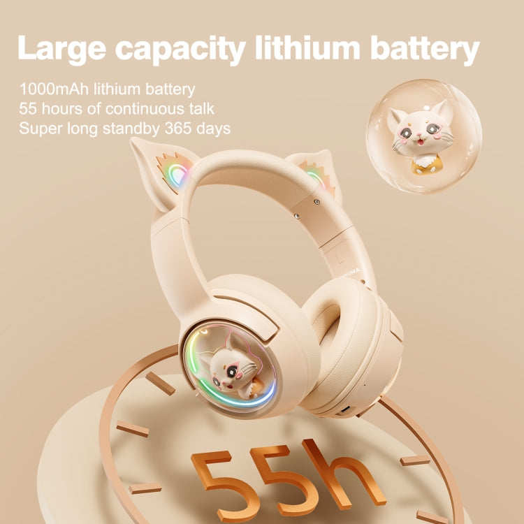 B5 Cat Ear Design USB-C / Type-C RGB Wireless Bluetooth HiFi Headset (Beige)