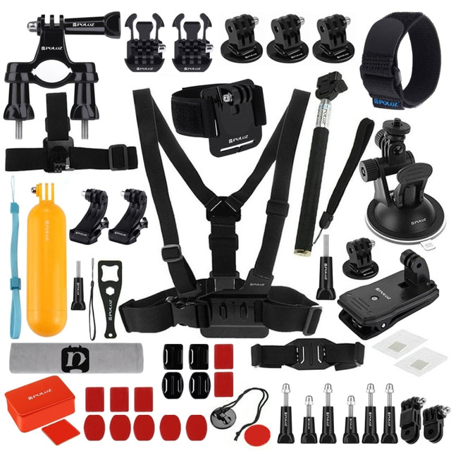 PULUZ 53 in 1 Accessories Total Ultimate Combo Kits (Chest Strap + Suction Cup Mount + 3-Way Pivot Arms + J-Hook Buckle + Wrist Strap + Helmet Strap + Extendable Monopod + Surface Mounts + Tripod Adap ...  for GoPro, Insta360, DJI and Other Action Cameras