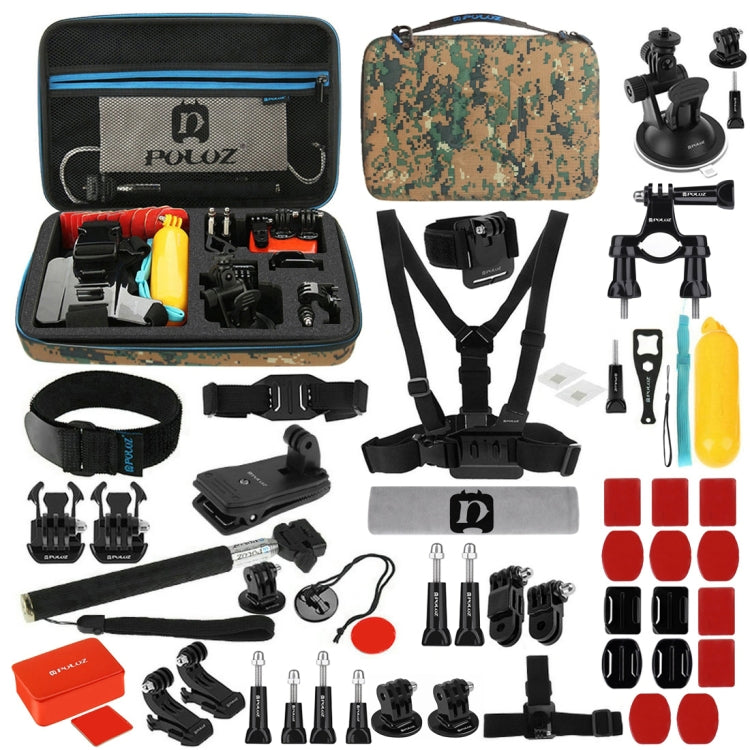 PULUZ 53 in 1 Accessories Total Ultimate Combo Kits with Camouflage EVA Case (Chest Strap + Suction Cup Mount + 3-Way Pivot Arms + J-Hook Buckle + Wrist Strap + Helmet Strap + Extendable Monopod + Sur ...  for GoPro, Insta360, DJI and Other Action Cameras