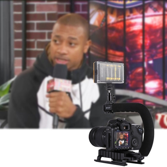 PULUZ U/C Shape Portable Handheld DV Bracket Stabilizer + LED Studio Light Kit with Cold Shoe Tripod Head  for All SLR Cameras and Home DV Camera