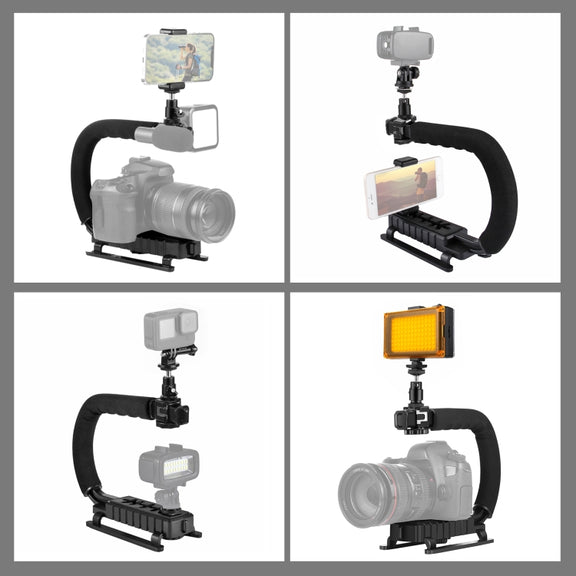 PULUZ U/C Shape Portable Handheld DV Bracket Stabilizer + LED Studio Light Kit with Cold Shoe Tripod Head  for All SLR Cameras and Home DV Camera
