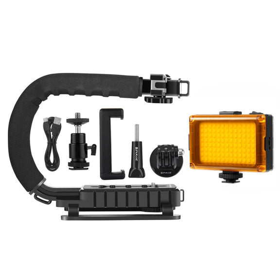 PULUZ U/C Shape Portable Handheld DV Bracket Stabilizer + LED Studio Light Kit with Cold Shoe Tripod Head  for All SLR Cameras and Home DV Camera