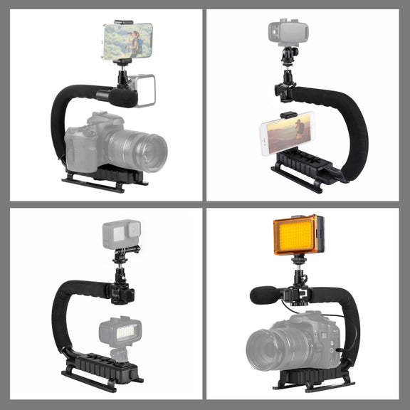 PULUZ U/C Shape Portable Handheld DV Bracket Stabilizer + LED Studio Light + Video Shotgun Microphone Kit with Cold Shoe Tripod Head  for All SLR Cameras and Home DV Camera