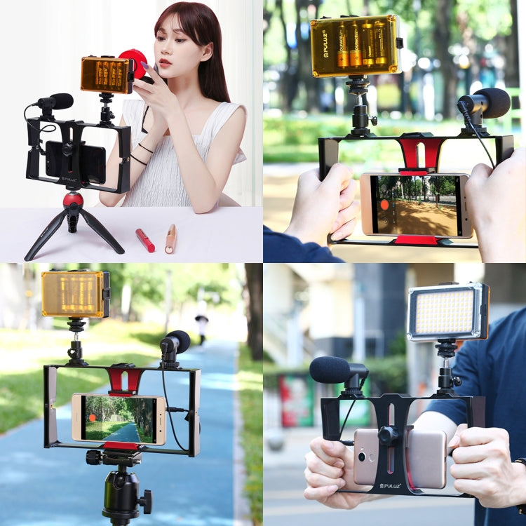 PULUZ 4 in 1 Vlogging Live Broadcast LED Selfie Light Smartphone Video Rig Kits with Microphone + Tripod Mount + Cold Shoe Tripod Head for iPhone, Galaxy, Huawei, Xiaomi, HTC, LG, Google, and Other Smartphones(Red) - Camera Cage by PULUZ | Online Shopping South Africa | PMC TechLife | Buy Now Pay Later Mobicred