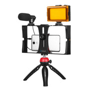 PULUZ 4 in 1 Vlogging Live Broadcast LED Selfie Light Smartphone Video Rig Kits with Microphone + Tripod Mount + Cold Shoe Tripod Head for iPhone, Galaxy, Huawei, Xiaomi, HTC, LG, Google, and Other Smartphones(Red)