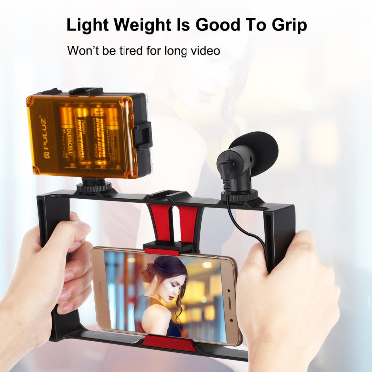 PULUZ 4 in 1 Vlogging Live Broadcast LED Selfie Light Smartphone Video Rig Kits with Microphone + Tripod Mount + Cold Shoe Tripod Head for iPhone, Galaxy, Huawei, Xiaomi, HTC, LG, Google, and Other Smartphones(Red)