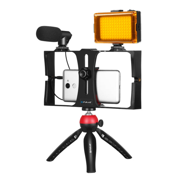 PULUZ 4 in 1 Vlogging Live Broadcast LED Selfie Light Smartphone Video Rig Kits with Microphone + Tripod Mount + Cold Shoe Tripod Head for iPhone, Galaxy, Huawei, Xiaomi, HTC, LG, Google, and Other Smartphones(Red)