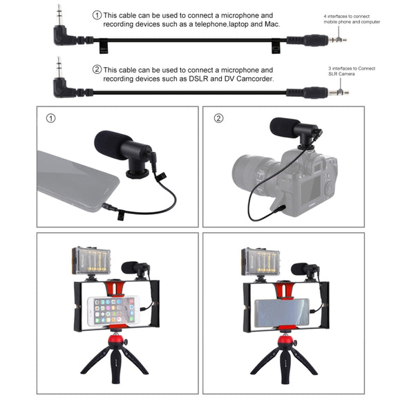 PULUZ 4 in 1 Vlogging Live Broadcast LED Selfie Light Smartphone Video Rig Kits with Microphone + Tripod Mount + Cold Shoe Tripod Head for iPhone, Galaxy, Huawei, Xiaomi, HTC, LG, Google, and Other Smartphones(Red)