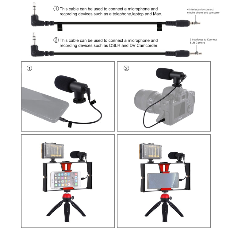 PULUZ 4 in 1 Vlogging Live Broadcast LED Selfie Light Smartphone Video Rig Kits with Microphone + Tripod Mount + Cold Shoe Tripod Head for iPhone, Galaxy, Huawei, Xiaomi, HTC, LG, Google, and Other Smartphones(Red)
