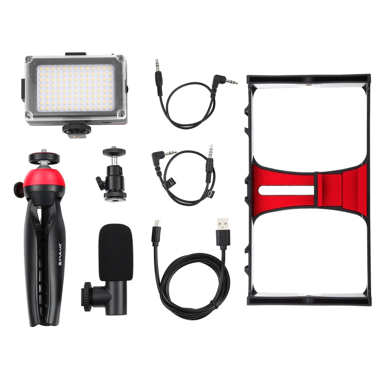 PULUZ 4 in 1 Vlogging Live Broadcast LED Selfie Light Smartphone Video Rig Kits with Microphone + Tripod Mount + Cold Shoe Tripod Head for iPhone, Galaxy, Huawei, Xiaomi, HTC, LG, Google, and Other Smartphones(Red)