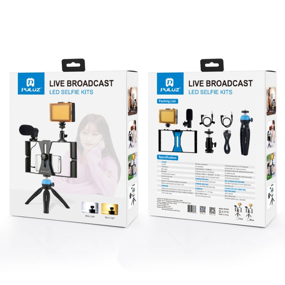 PULUZ 4 in 1 Vlogging Live Broadcast LED Selfie Light Smartphone Video Rig Kits with Microphone + Tripod Mount + Cold Shoe Tripod Head for iPhone, Galaxy, Huawei, Xiaomi, HTC, LG, Google, and Other Smartphones(Red)