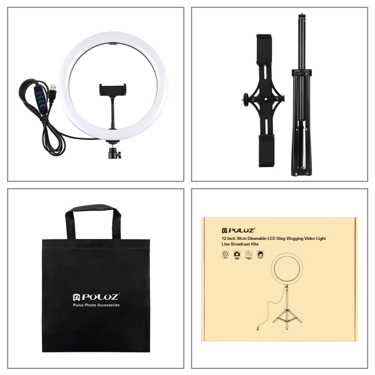 PULUZ 11.8 inch 30cm Light + 1.65m Tripod + Dual Phone Bracket Curved Surface USB 3 Modes Dimmable Dual Color Temperature LED Ring Vlogging Video Light  Live Broadcast Kits with Phone Clamp(Black)