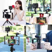 PULUZ 4 in 1 Vlogging Live Broadcast LED Selfie Fill Light Smartphone Video Rig Kits with Microphone + Tripod Mount + Cold Shoe Tripod Head for iPhone, Galaxy, Huawei, Xiaomi, HTC, LG, Google, and Other Smartphones(Red)