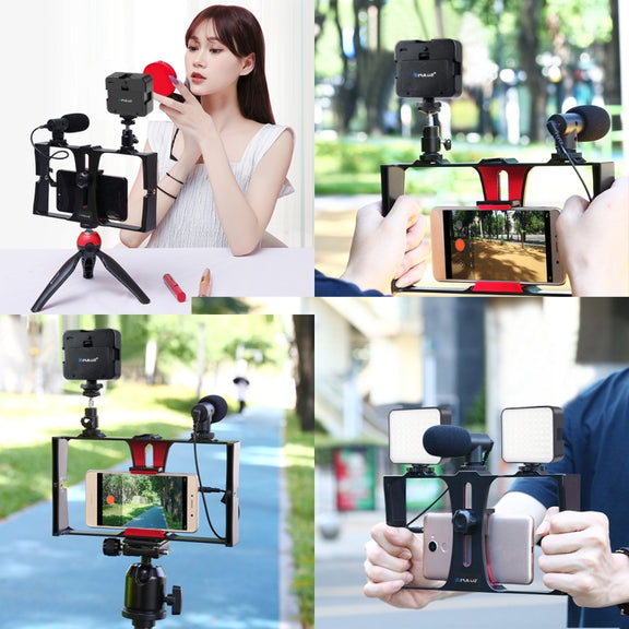 PULUZ 4 in 1 Vlogging Live Broadcast LED Selfie Fill Light Smartphone Video Rig Kits with Microphone + Tripod Mount + Cold Shoe Tripod Head for iPhone, Galaxy, Huawei, Xiaomi, HTC, LG, Google, and Other Smartphones(Red)