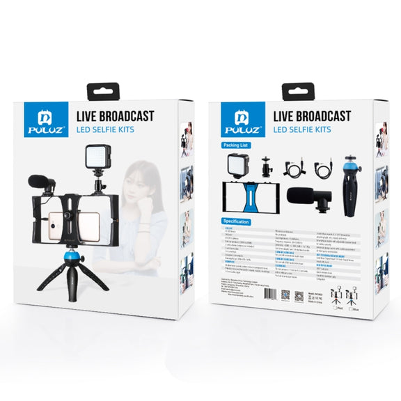 PULUZ 4 in 1 Vlogging Live Broadcast LED Selfie Fill Light Smartphone Video Rig Kits with Microphone + Tripod Mount + Cold Shoe Tripod Head for iPhone, Galaxy, Huawei, Xiaomi, HTC, LG, Google, and Other Smartphones(Red)