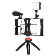 PULUZ 4 in 1 Vlogging Live Broadcast LED Selfie Fill Light Smartphone Video Rig Kits with Microphone + Tripod Mount + Cold Shoe Tripod Head for iPhone, Galaxy, Huawei, Xiaomi, HTC, LG, Google, and Other Smartphones(Red)