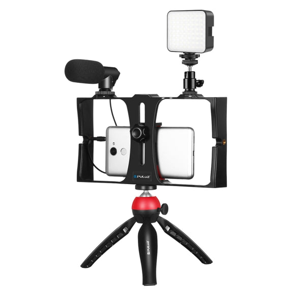 PULUZ 4 in 1 Vlogging Live Broadcast LED Selfie Fill Light Smartphone Video Rig Kits with Microphone + Tripod Mount + Cold Shoe Tripod Head for iPhone, Galaxy, Huawei, Xiaomi, HTC, LG, Google, and Other Smartphones(Red)