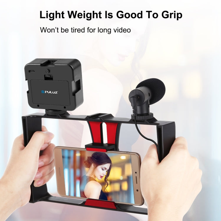 PULUZ 4 in 1 Vlogging Live Broadcast LED Selfie Fill Light Smartphone Video Rig Kits with Microphone + Tripod Mount + Cold Shoe Tripod Head for iPhone, Galaxy, Huawei, Xiaomi, HTC, LG, Google, and Other Smartphones(Red)