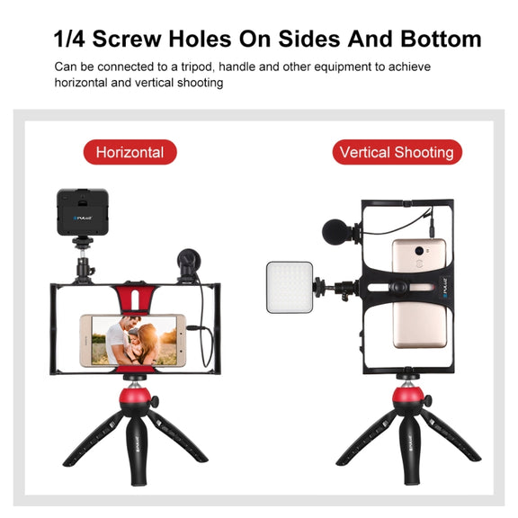 PULUZ 4 in 1 Vlogging Live Broadcast LED Selfie Fill Light Smartphone Video Rig Kits with Microphone + Tripod Mount + Cold Shoe Tripod Head for iPhone, Galaxy, Huawei, Xiaomi, HTC, LG, Google, and Other Smartphones(Red)