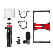 PULUZ 4 in 1 Vlogging Live Broadcast LED Selfie Fill Light Smartphone Video Rig Kits with Microphone + Tripod Mount + Cold Shoe Tripod Head for iPhone, Galaxy, Huawei, Xiaomi, HTC, LG, Google, and Other Smartphones(Red)
