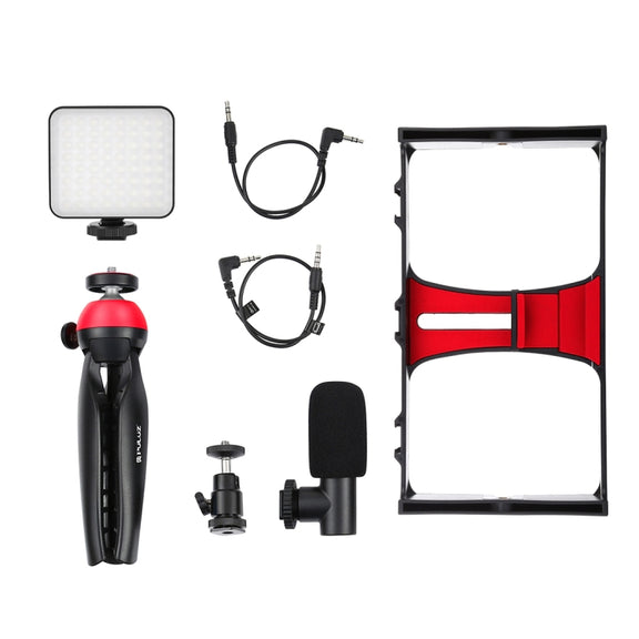PULUZ 4 in 1 Vlogging Live Broadcast LED Selfie Fill Light Smartphone Video Rig Kits with Microphone + Tripod Mount + Cold Shoe Tripod Head for iPhone, Galaxy, Huawei, Xiaomi, HTC, LG, Google, and Other Smartphones(Red)