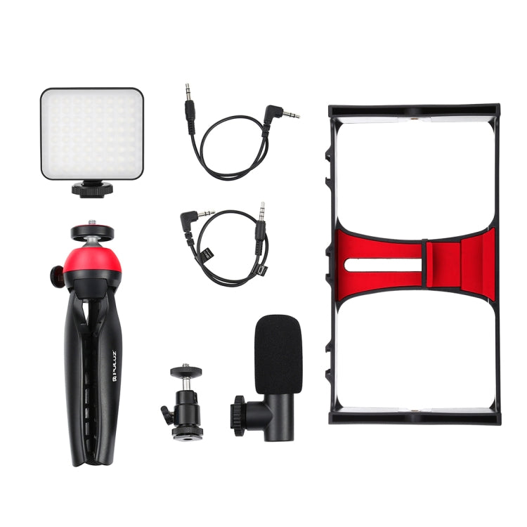 PULUZ 4 in 1 Vlogging Live Broadcast LED Selfie Fill Light Smartphone Video Rig Kits with Microphone + Tripod Mount + Cold Shoe Tripod Head for iPhone, Galaxy, Huawei, Xiaomi, HTC, LG, Google, and Other Smartphones(Red)