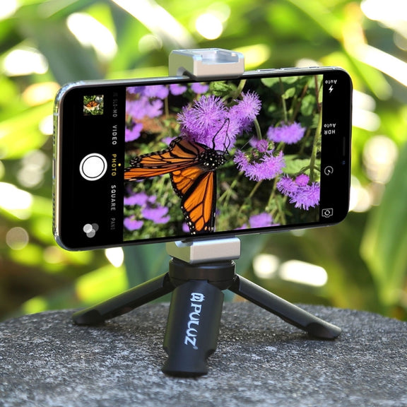 PULUZ Folding Plastic Tripod + Aluminum Alloy Clamp Bracket with Cold Shoe for iPhone, Galaxy, Huawei, Xiaomi, Sony, HTC, Google and other Smartphones