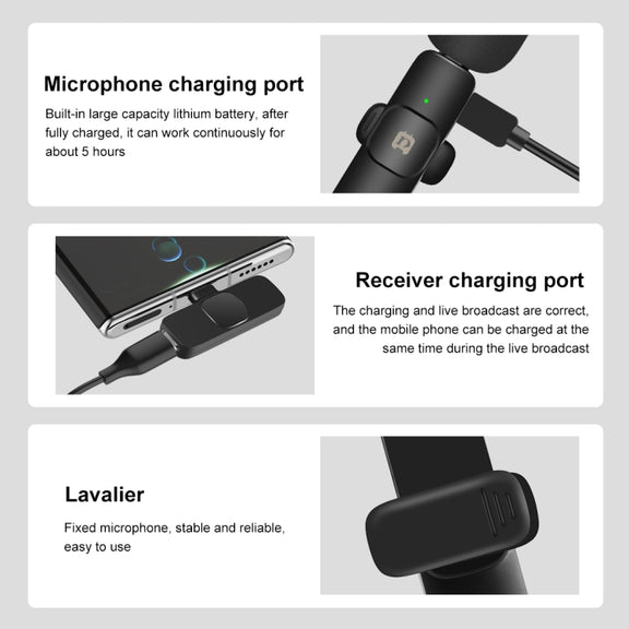 PULUZ Wireless Lavalier Noise Reduction Reverb Microphones for Type-C Phone, Type-C Receiver and Dual Microphones (Black)