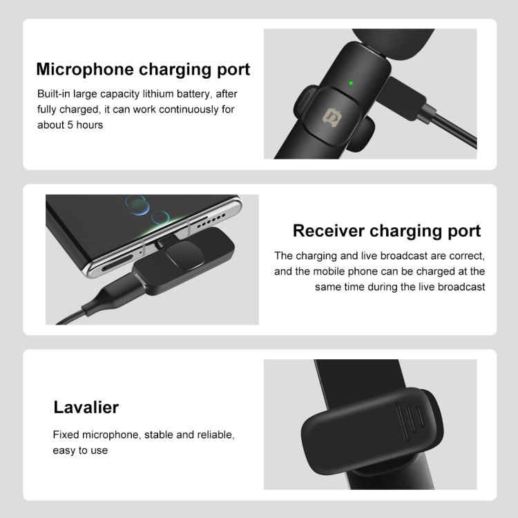 PULUZ Wireless Lavalier Noise Reduction Reverb Microphones for Type-C Phone, Type-C Receiver and Dual Microphones (Black)