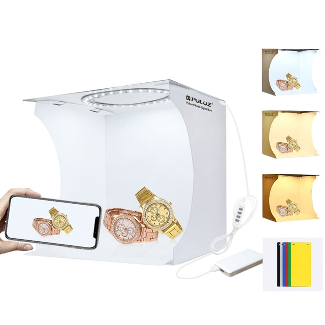PULUZ 23cm Ring LED Panel Folding Portable Light Photo Lighting Studio Shooting Tent Box Kit with 6 Colors Backdrops (Black, White, Yellow, Red, Green, Blue), Unfold Size: 24cm x 23cm x 23cm