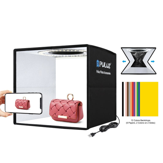 PULUZ 25cm Folding Portable High 97 CRI Ring Light Photo Lighting Studio Shooting Tent Box with 12 Colors Backdrops, Size: 25cm x 25cm x 25cm(Black) - free shipping - PMC Jewellery - Order now!