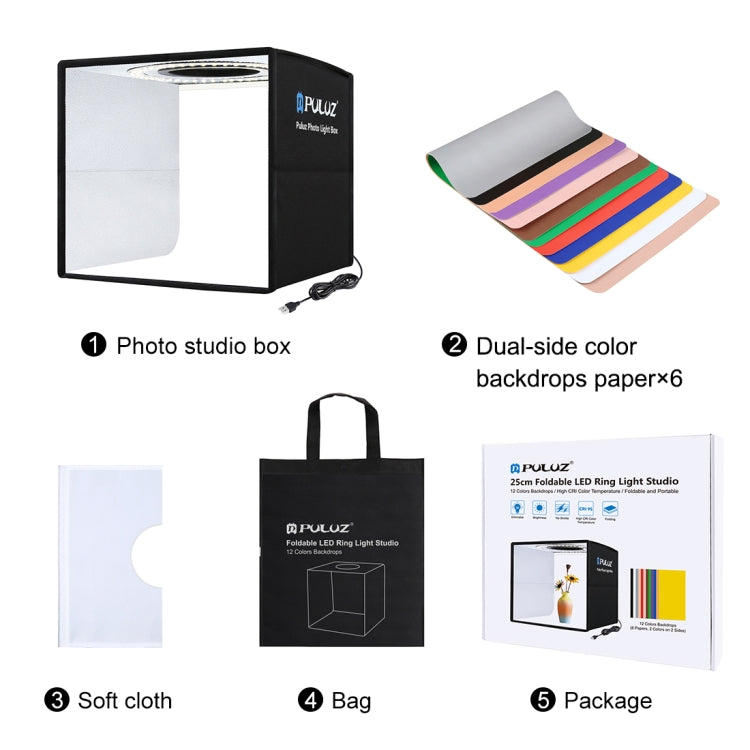 PULUZ 25cm Folding Portable High 97 CRI Ring Light Photo Lighting Studio Shooting Tent Box with 12 Colors Backdrops, Size: 25cm x 25cm x 25cm(Black)