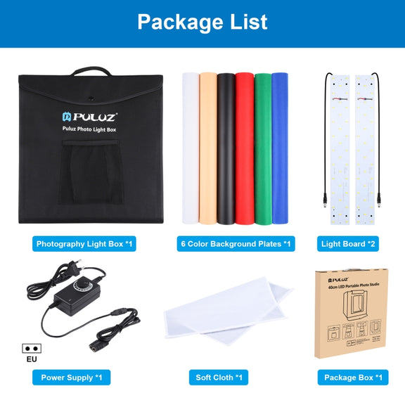 PULUZ 40cm Folding Portable 24W 5500K White Light Dimmable Photo Lighting Studio Shooting Tent Box Kit with 6 Colors (Black, Orange, White, Red, Green, Blue) Backdrops(EU Plug)