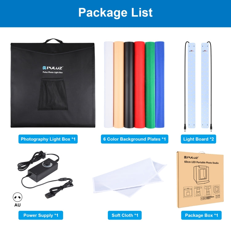 PULUZ Photo Studio Light Box Portable 60 x 60 x 60 cm Light Tent LED 5500K White Light Dimmable Mini 36W Photography Studio Tent Kit with 6 Removable Backdrops (Black Orange White Green Blue Red)(AU Plug)