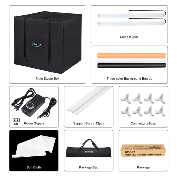 PULUZ 80cm Folding Portable 80W 9050LM White Light Photo Lighting Studio Shooting Tent Box Kit with 3 Colors (Black, White, Orange) Backdrops(EU Plug)