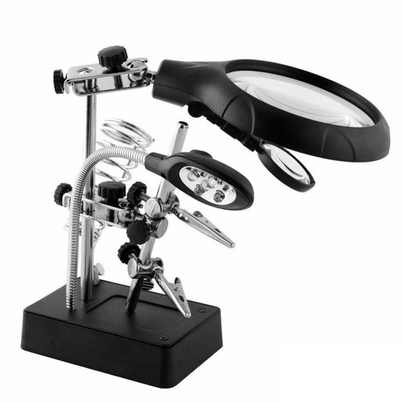5 LED Auxiliary Clip Magnifier AC/DC Interchangeable with Soldering Stand & Two Magnifier, EU Plug(Silver)