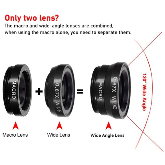 3 in 1 Photo Lens Kits (180 Degree Fisheye Lens + Super Wide Lens + Macro Lens), For iPhone, Galaxy, Sony, Lenovo, HTC, Huawei, Google, LG, Xiaomi, other Smartphones(Black)