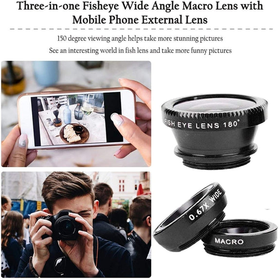 3 in 1 Photo Lens Kits (180 Degree Fisheye Lens + Super Wide Lens + Macro Lens), For iPhone, Galaxy, Sony, Lenovo, HTC, Huawei, Google, LG, Xiaomi, other Smartphones(Black)