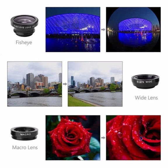 3 in 1 Photo Lens Kits (180 Degree Fisheye Lens + Super Wide Lens + Macro Lens), For iPhone, Galaxy, Sony, Lenovo, HTC, Huawei, Google, LG, Xiaomi, other Smartphones(Black)