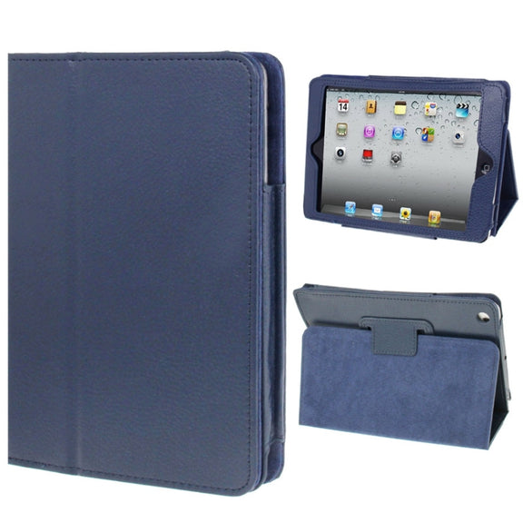 2-fold Litchi Texture Flip Leather Case with Holder Function for iPad mini 1 / 2 / 3(Navy Blue)